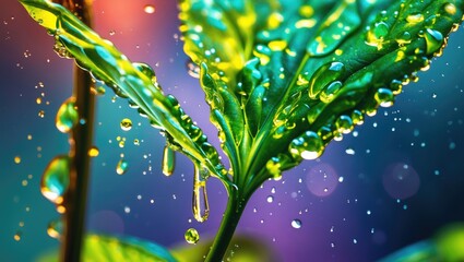 Poster - Close-up macro shot of vibrant green leaves glistening with water droplets against a colorful blurred background