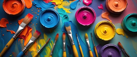 Aufkleber - Vibrant artist paints and brushes arranged artistically on a colorful backdrop showcasing creativity and artistic expression.