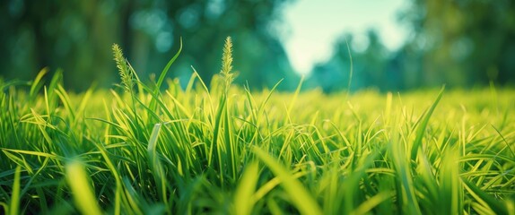 Poster - Close-up of vibrant green grass infused with yellow tones under soft lighting in a tranquil outdoor setting.