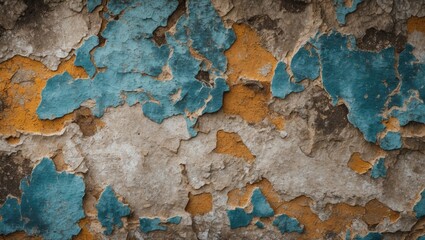 Poster - Peeling paint and textured grunge wall surface with blue and orange hues creating a vintage and weathered appearance for background use