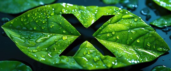 Poster - Green wet leaf with letter X cut out showcasing water droplets on a dark background symbolizing nature and creativity in design.