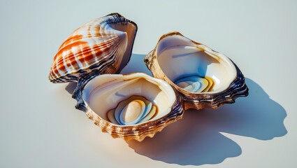 Aufkleber - Colorful clam shells displayed elegantly on a white background showcasing natural patterns and textures in a serene composition.