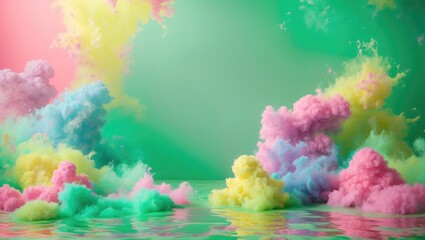 Poster - Pastel colored clouds reflecting on serene water with a vibrant green background creating a dreamy and serene atmosphere.