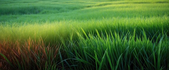 Poster - Vibrant green grass field showcasing beautiful color gradations in natural landscape during golden hour light.