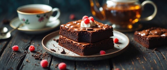 Poster - Gourmet chocolate brownie served with tea on a rustic wooden table showcasing a delightful breakfast presentation with fresh raspberries.