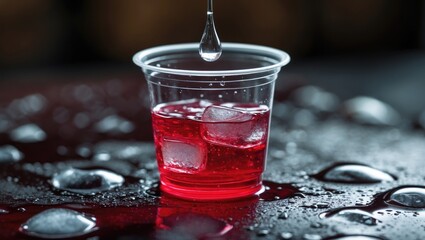 Poster - Water droplet on a clear cup filled with red beverage and ice surrounded by condensation on a dark background