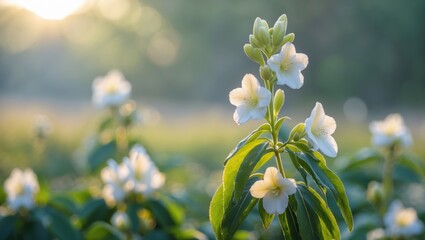 Poster - Delicate White Flowers Bathed in Morning Light with Soft Focus and Space for Text in Lush Green Background
