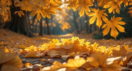 Poster - Golden autumn leaves scattered on forest floor illuminated by warm sunlight showcasing the vibrant hues of nature in fall season.