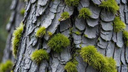 Poster - Textured tree bark with vibrant green moss close-up showcasing natural patterns and earthy tones in a tranquil forest setting.