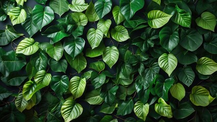 Poster - Lush green foliage wall background showcasing a variety of vibrant leaves for nature, decor, or organic themes in design projects.