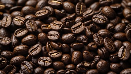 Poster - Close up view of roasted coffee beans showcasing rich textures and deep colors ideal for backgrounds in food and beverage themes.