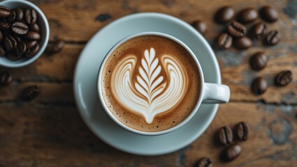 Poster - Top view of latte art in a white coffee cup on a rustic wooden table surrounded by coffee beans and a small bowl of beans. Vintage style.