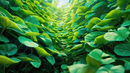 Poster - Lush green foliage lining a serene pathway in a tranquil natural setting symbolizing growth and vitality in a nature concept.