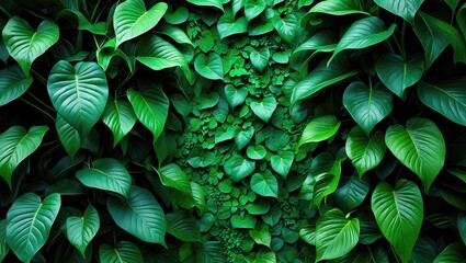 Wall Mural - Lush green leaves wall texture creating a vibrant natural background for gardens and landscaping designs.