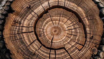 Poster - Tree rings texture showcasing the natural beauty and growth patterns of an old tree, symbolizing the passage of time and life cycles.