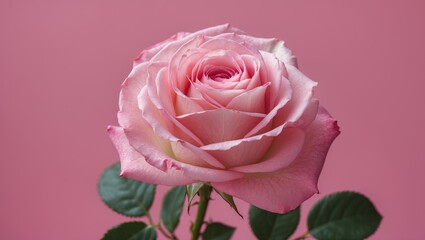 Aufkleber - Delicate pink rose with soft petals and green leaves against a smooth pink background, symbolizing love and tranquility in nature.