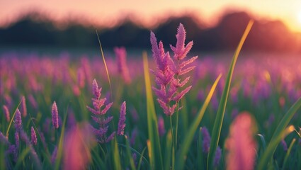 Aufkleber - Serene sunset over a vibrant grass field with soft focus on delicate purple flowers creating a tranquil natural atmosphere.
