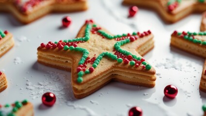 Aufkleber - Closeup of festive star-shaped Christmas cookie decorated with colorful icing and surrounded by red baubles on a white background.