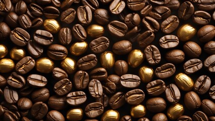 Poster - Rich closeup of assorted coffee beans including golden ones creating a luxurious coffee background for branding and design purposes.