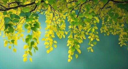 Poster - Vibrant green and yellow tree leaves against a soothing aqua background showcasing natural beauty and texture in nature photography.