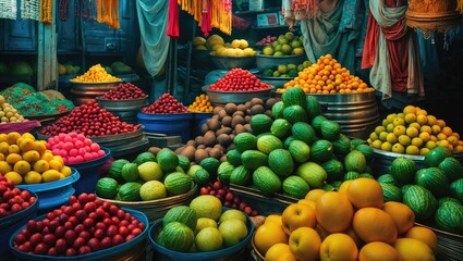 Aufkleber - Vibrant display of fresh fruits and vegetables in a traditional Indian market showcasing diverse colors and textures.