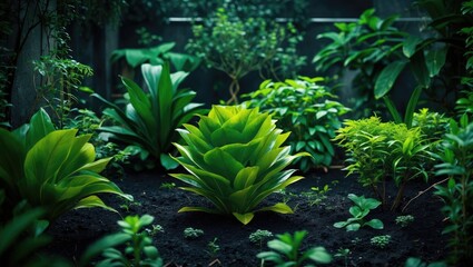 Aufkleber - Lush Green Vegetation in a Dark Garden Creating a Serene and Inviting Atmosphere in Botanical Photography