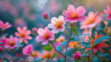 Aufkleber - Vibrant pink and white flowers amidst a soft blurred background creating a serene and colorful floral scene in a garden setting.