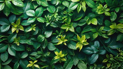 Poster - Lush green leaf texture background showcasing diverse foliage for nature, botanic concepts and organic design inspiration.