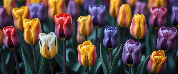 Poster - Vibrant multicolored tulips blooming in a lush garden creating a stunning floral display and a cheerful spring atmosphere