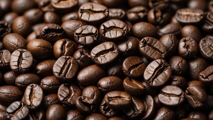 Poster - Macro shot of roasted Arabica coffee beans piled together showcasing rich texture and deep brown color ideal for hot beverage imagery.
