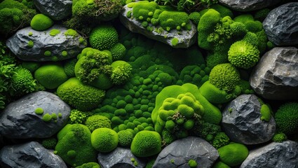 Poster - Lush green moss covering stones in a serene natural setting showcasing vivid textures and vibrant hues of nature's greenery.