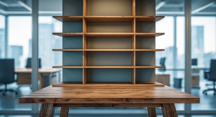 Poster - Modern wooden table with empty shelf against blurred office background ideal for product display or promotional mockup in contemporary workspace.