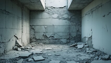 Poster - Cracked grey concrete wall interior with debris and rough texture for industrial or urban design backgrounds