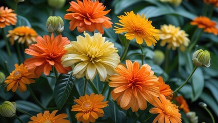 Aufkleber - Vibrant Close Up of Orange and Yellow Flowers Against a Lush Green Background Showcasing Nature's Beauty and Colorful Palette