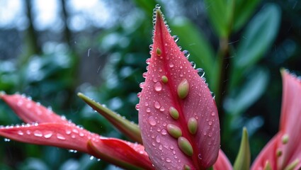 Poster - Dew drops on flamingo lily leaves with a blurred garden background capturing nature's beauty and freshness in vibrant colors.