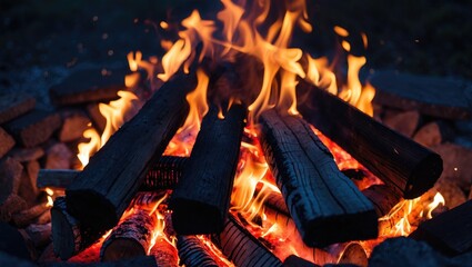 Aufkleber - Vibrant flames dance around charred wooden logs in a cozy outdoor campfire setting at night. Warm glow illuminates the surrounding darkness.