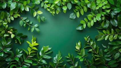 Poster - Lush green leaves arranged symmetrically on a green background creating a natural and tranquil vibe perfect for eco-friendly themes.