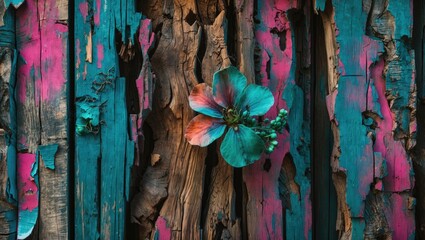 Poster - Vibrant flower against weathered wooden texture with colorful paint peels showcasing a contrast of nature and rustic decay