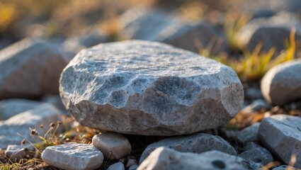 Aufkleber - Close-up view of a textured stone surrounded by smaller pebbles in a natural outdoor setting with soft sunlight highlighting the surface.