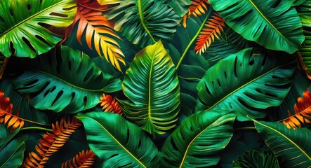 Aufkleber - Vibrant tropical green leaves creating a lush textured background ideal for nature themes and design projects showcasing exotic environments.