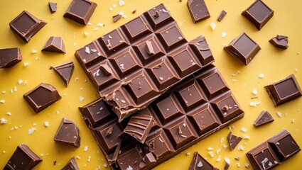Poster - Delicious Chocolate Bar and Broken Pieces on Bright Yellow Background Indulging in Sweet Dessert Temptation and Culinary Delight