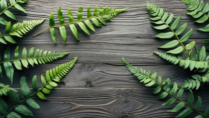 Poster - Vibrant green fern leaves arranged on rustic gray oak wood background creating a natural and serene atmosphere with ample copy space.