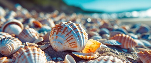 Aufkleber - Close-up view of a sandy beach adorned with a variety of colorful seashells under natural sunlight showcasing marine textures and colors.
