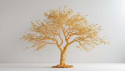 Poster - Golden decorative tree sculpture with intricate branches and leaves on a white background