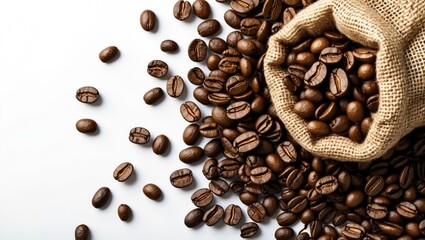 Poster - Coffee beans spilling from a burlap sack on a white background showcasing fresh natural ingredients for beverages and culinary uses.