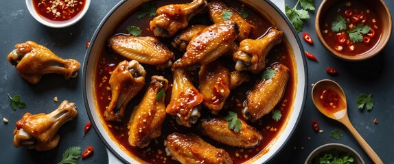Poster - Delicious Chicken Wings Glazed in Sweet Chili Sauce with Garnishes and Empty Space for Promotional Text or Recipe Details