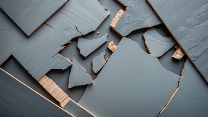 Poster - Grey broken plywood board texture in disarray top view showcasing natural wood patterns and imperfections for background design use.