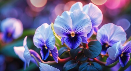 Poster - Close up of vibrant African violet flowers showcasing delicate petals and lush green leaves with a dreamy bokeh background effect.