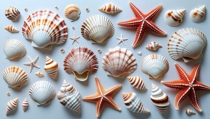 Aufkleber - Seashells coral and starfish arranged artistically on a white background showcasing marine beauty and coastal themes for decor and crafts.