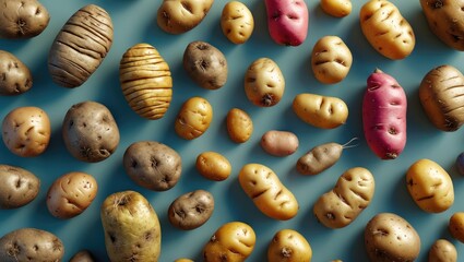 Aufkleber - Vibrant assortment of Bolivian and Peruvian baby potatoes and tubers arranged in flat lay against a blue background highlighting diversity.